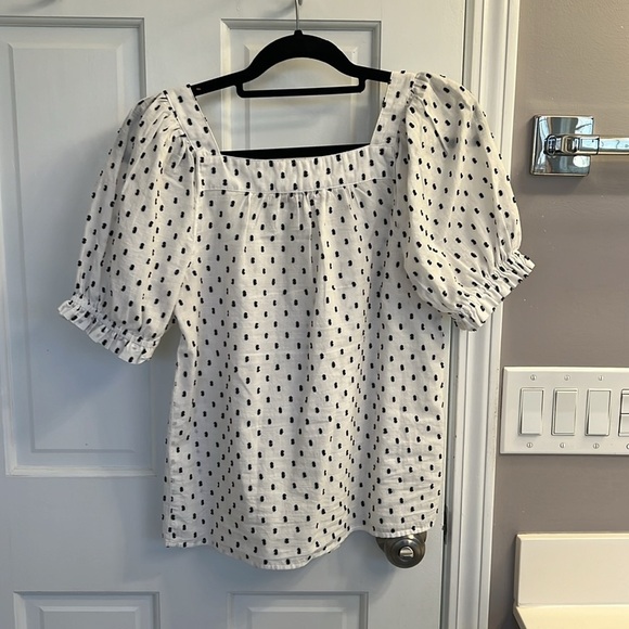 Loft Clip Sleeve Square Neck Puff Short Sleeve Top Black White Swiss Dot - Picture 5 of 5